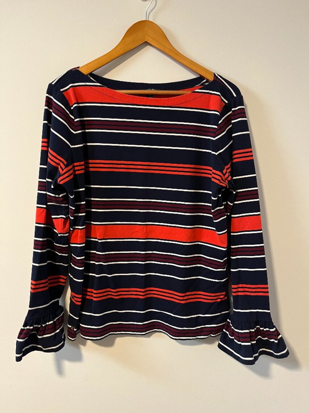 Lauren Ralph Nautical Preppy Navy Red Stripe Boat Neck Top Shirt Bell Sleeve 2XL